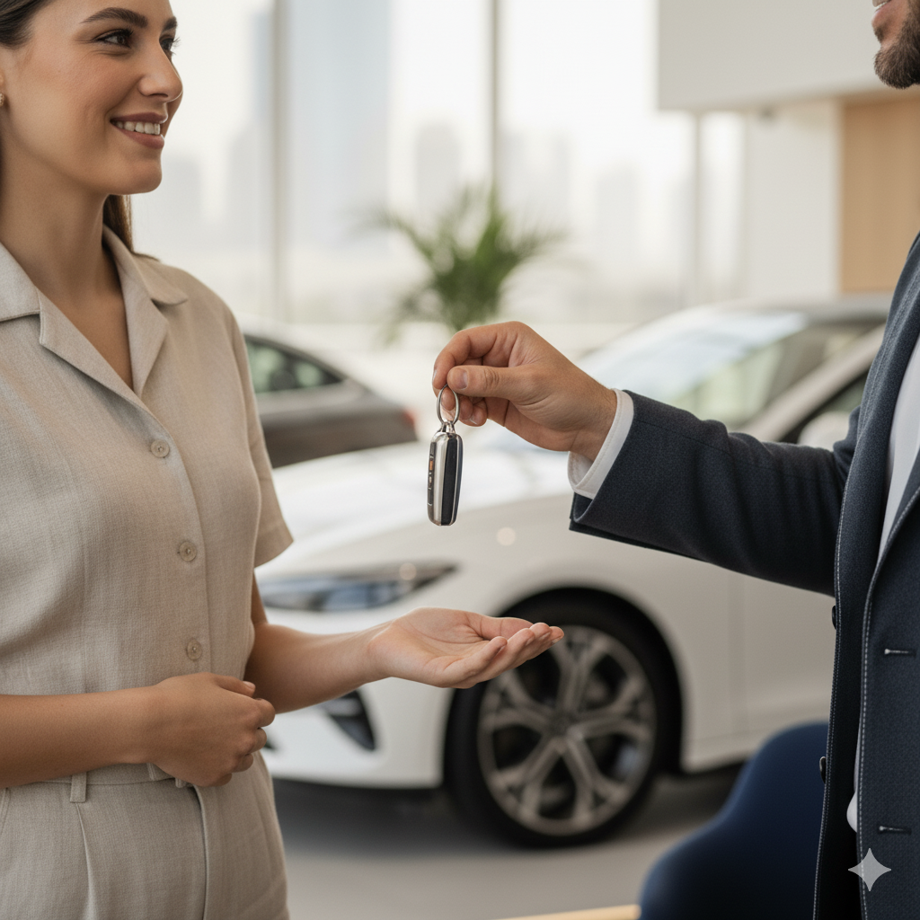 Close-up of advisor handing car keys to a buyer